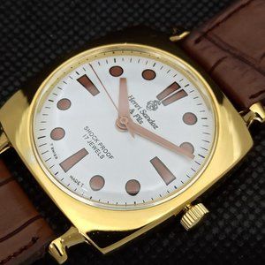 Vintage 1969 Henri Sandoz Mens Gold Watch W/Leather Strap & White Face Brown Acn